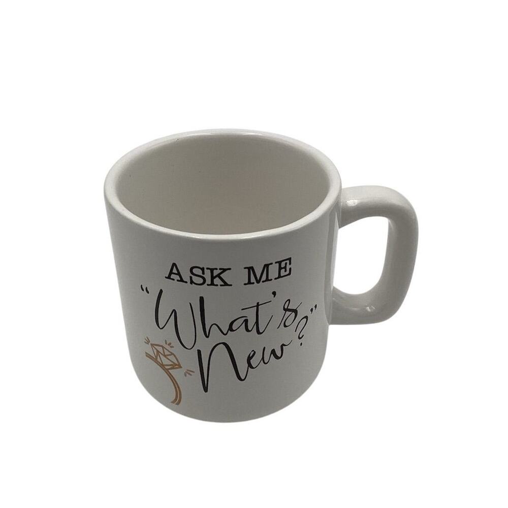 Mud Pie "Ask Me What's New?" White Ceramic Mug with Gold Accents